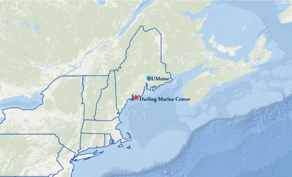Map of New England with location of Darling Marine Center and UMaine